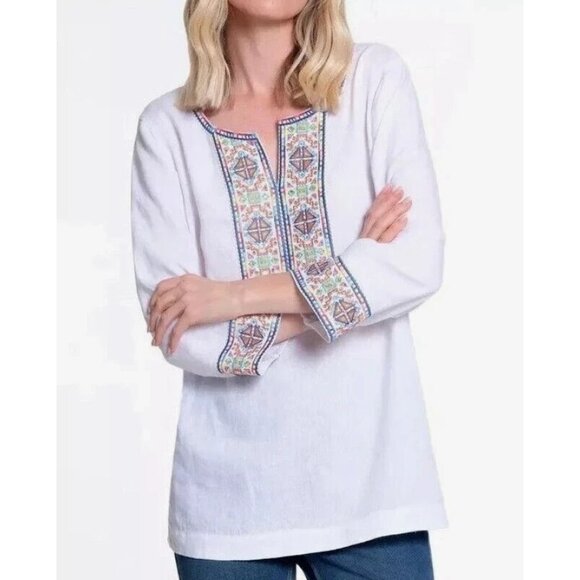 John Mark Tops - John Mark Womens Medium White Embroidered Sequin 3/4 Sleeve Linen Tunic NEW